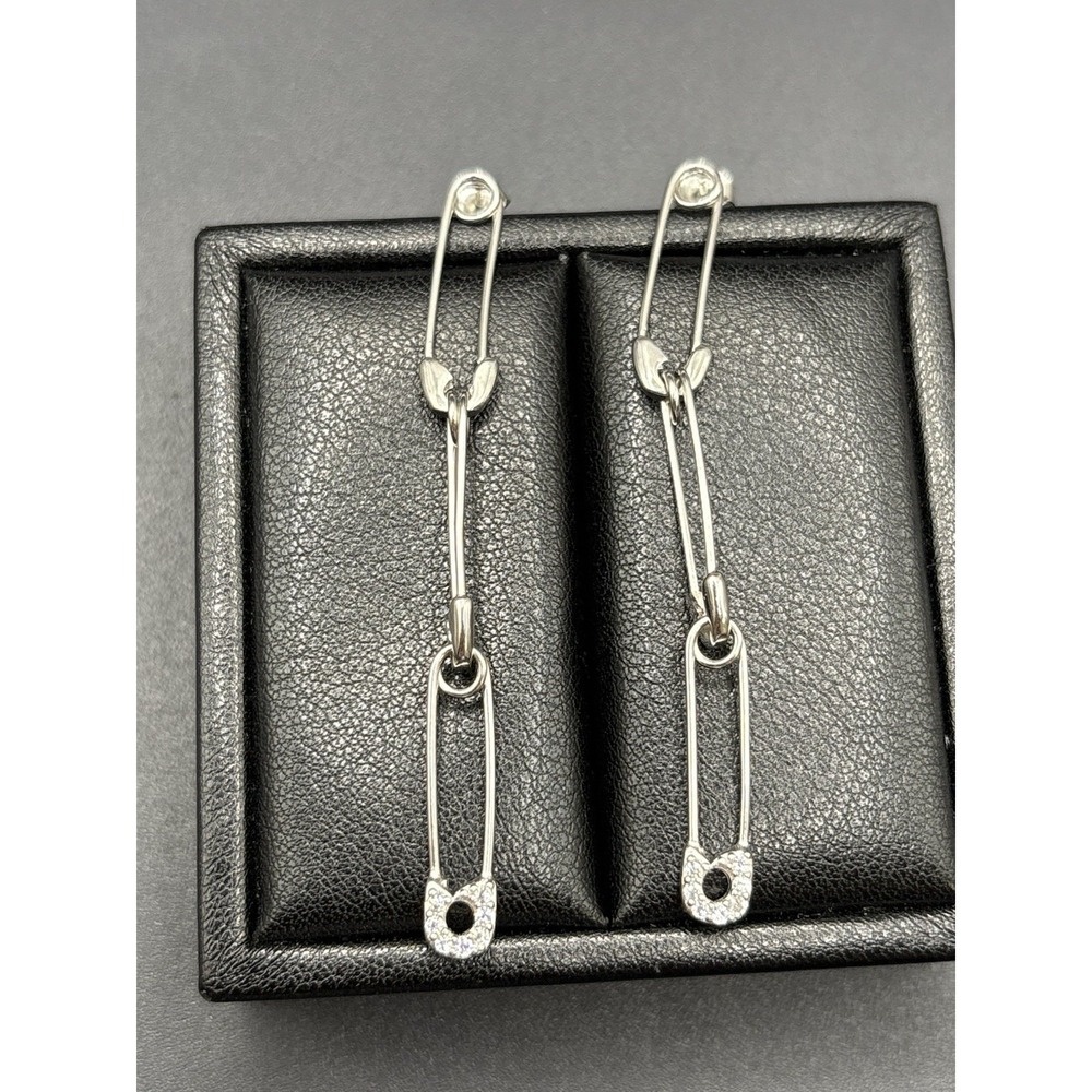 2.5" New Condition Sterling Silver Cubic Zirconia Saftey Pin Earrings 925 F1